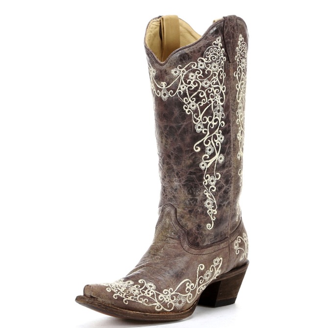 A1094 Women's Corral Brown Crater Bone Embroidery Snip Toe Boot
